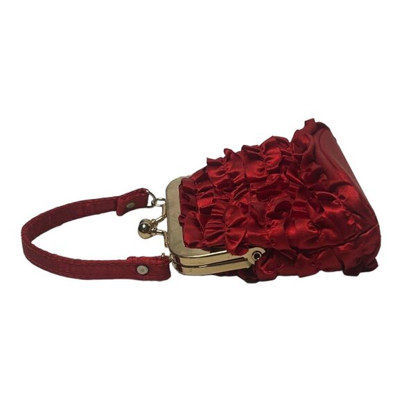 Red Ruffled Satiny Mini Purse Handbag 4”x4” Prom Party Holiday Polyester - Picture 7 of 12
